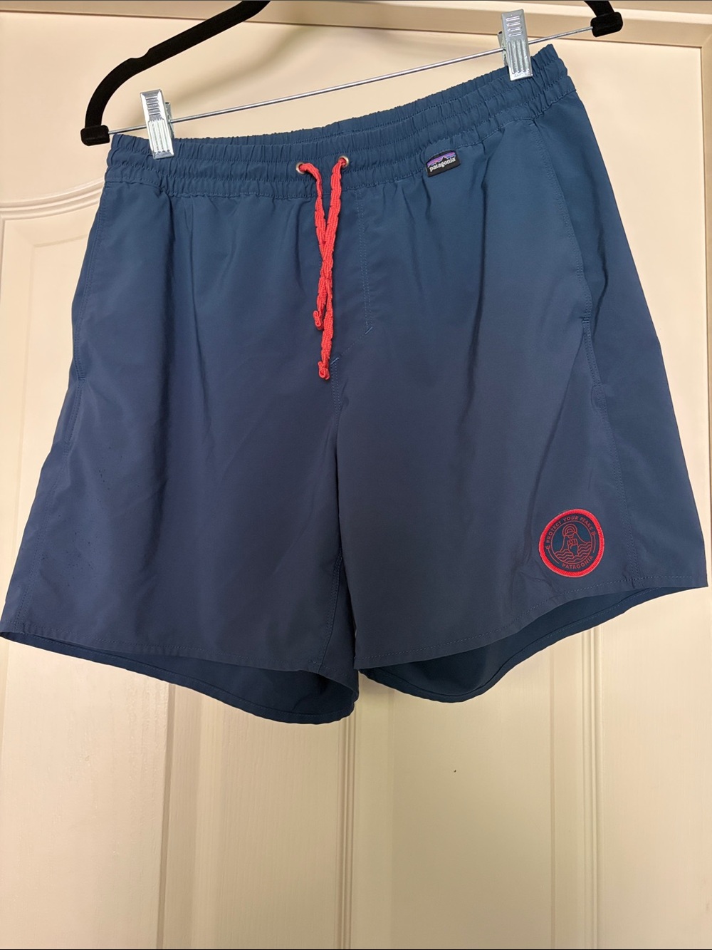Patagonia Men's Navy Swim Trunks with Red Drawcord and Logo
